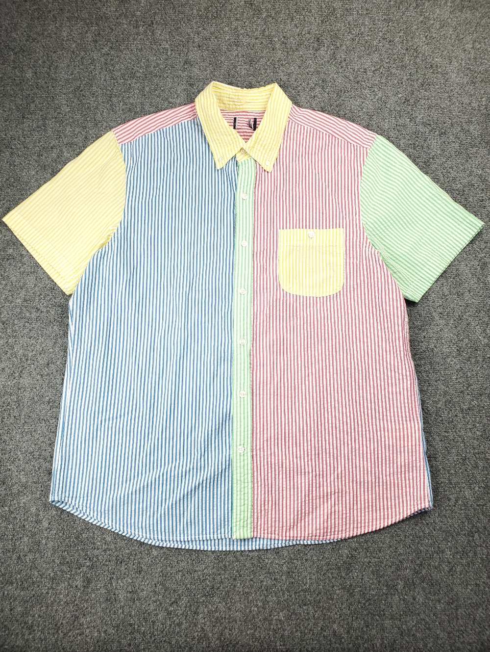 Lands End Seersucker Shirt Mens XL Button Down Short Sleeve Colorblock Colorful